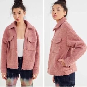 URBAN OUTFITTERS Blush Pink Teddy Jacket | Cargo Pockets | Fuzzy Bomber Coat